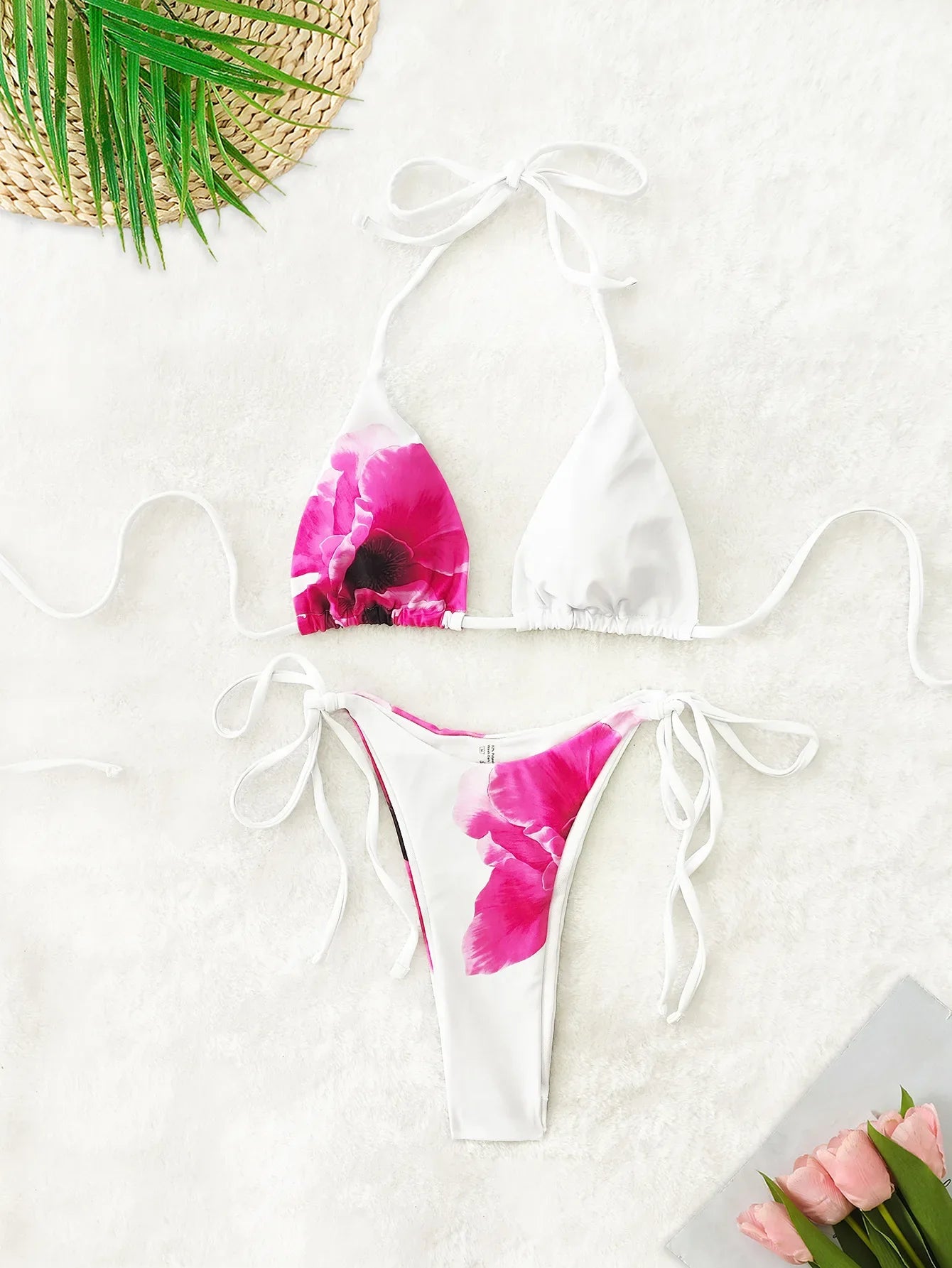 Vintage White Floral Print Bikini Swimwear Push Up Mesh Skirt 3 Piece Swimsuit Holiday Bathing Swimming Suits