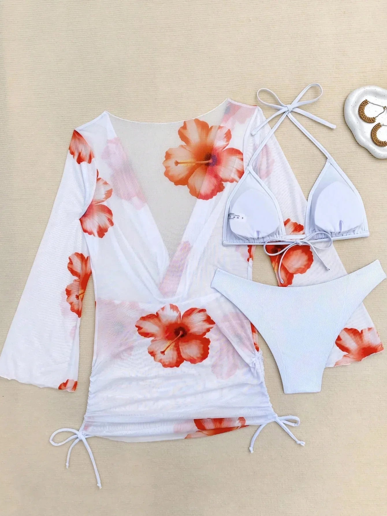 Vintage White Floral Print Bikini Set