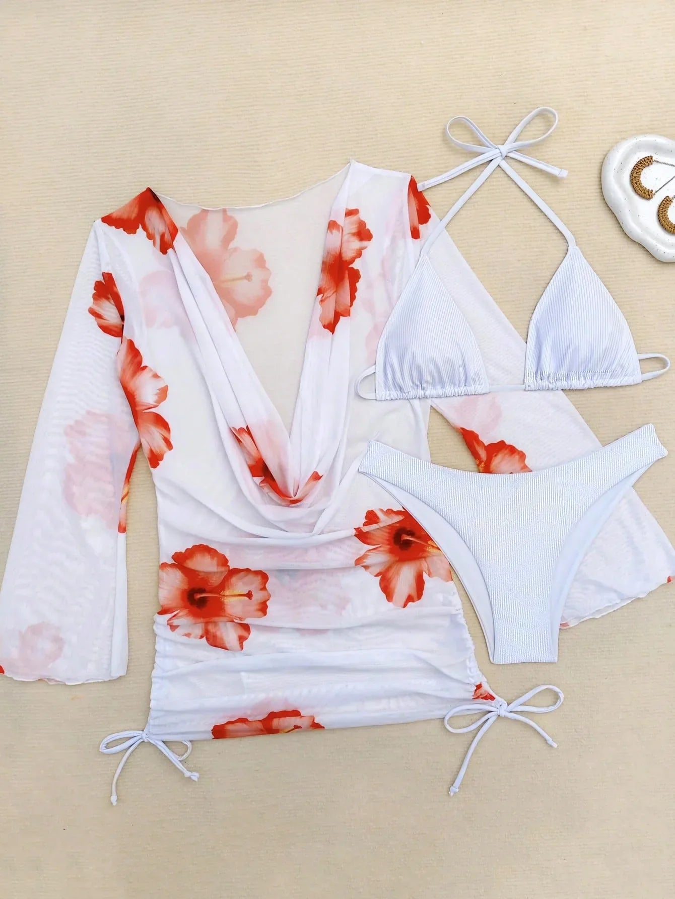 Vintage White Floral Print Bikini Set