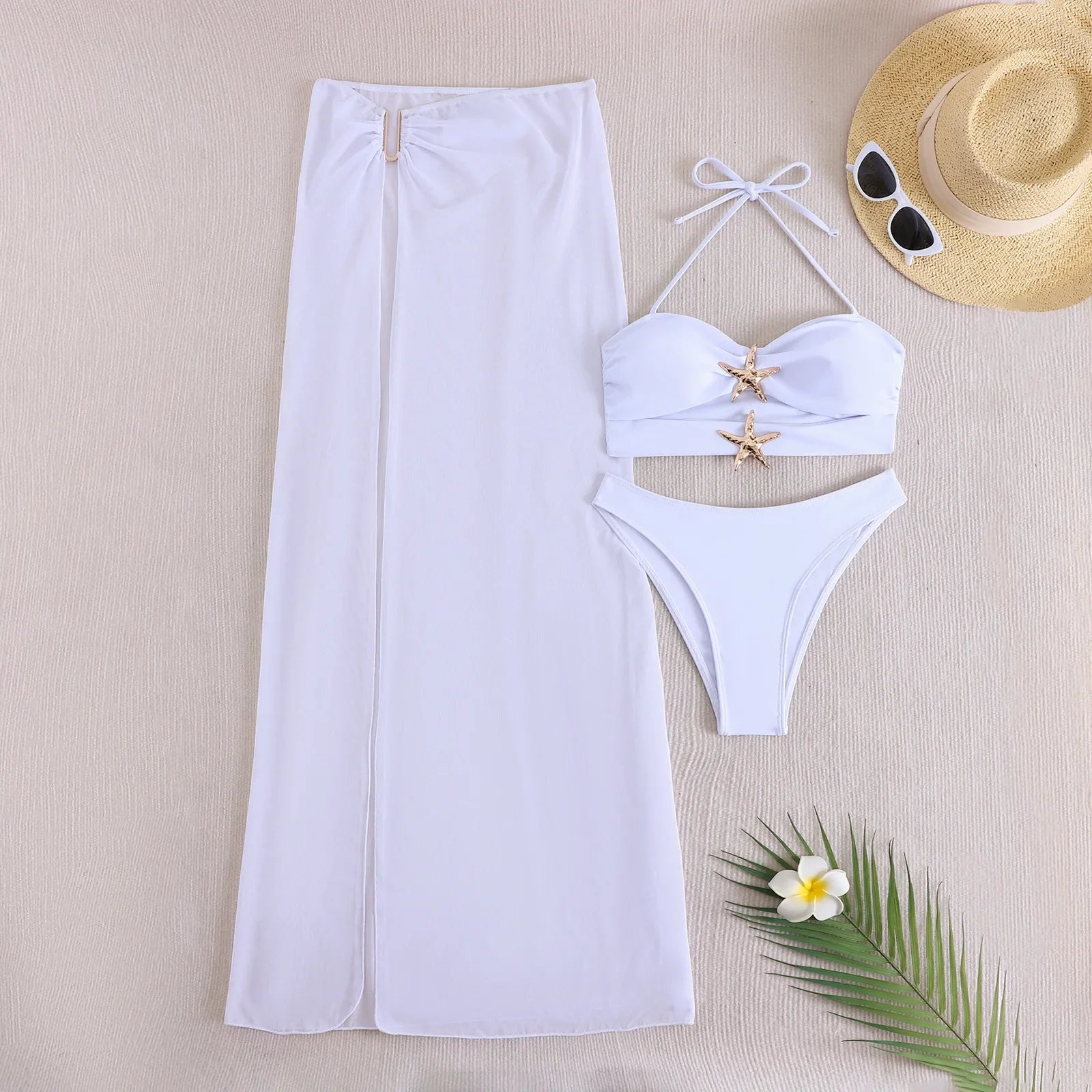 Vintage White Mesh Long Skirt 3 Piece Bikini Set