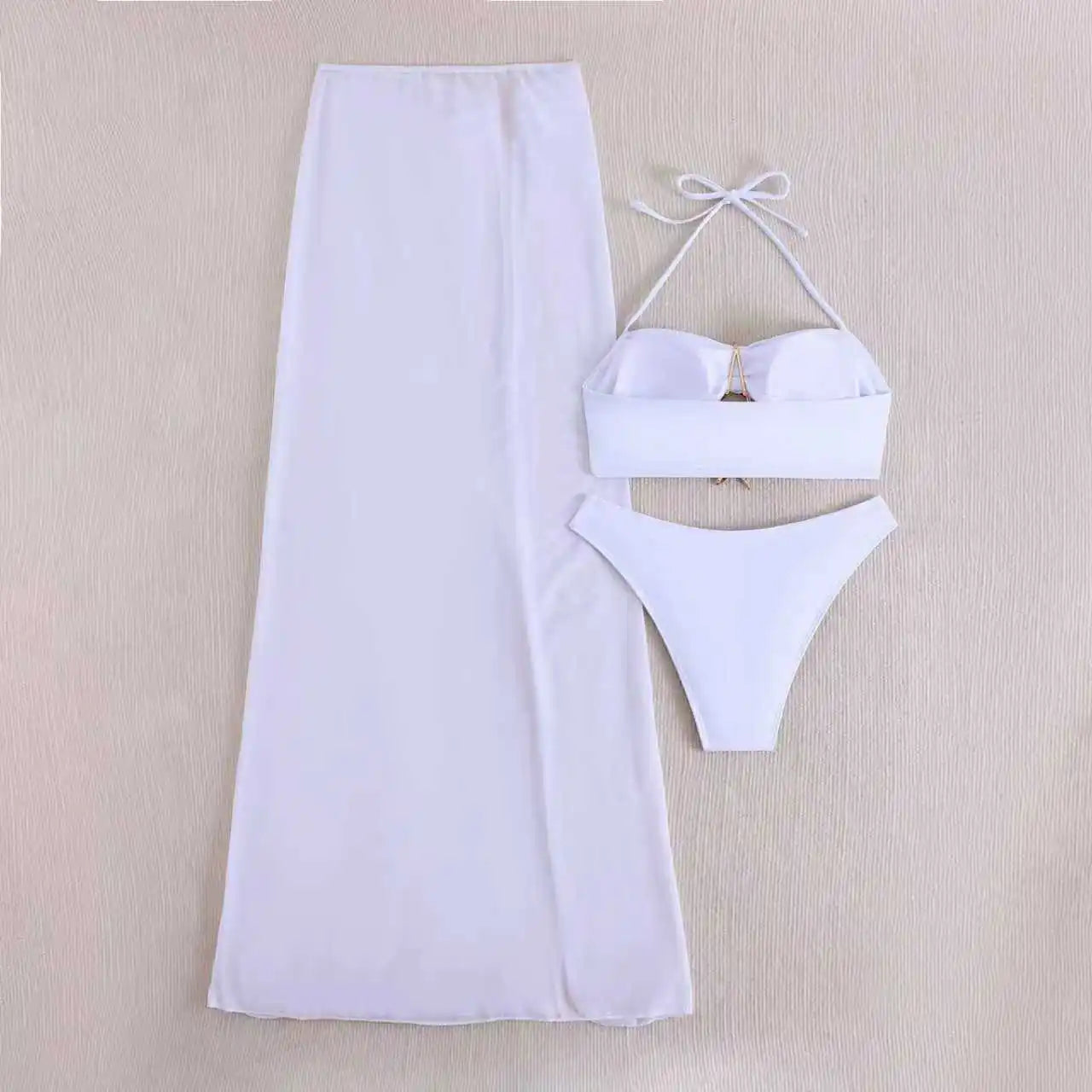 Vintage White Mesh Long Skirt 3 Piece Bikini Set