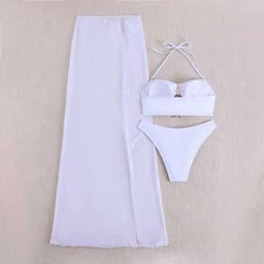 Vintage White Mesh Long Skirt 3 Piece Bikini Set