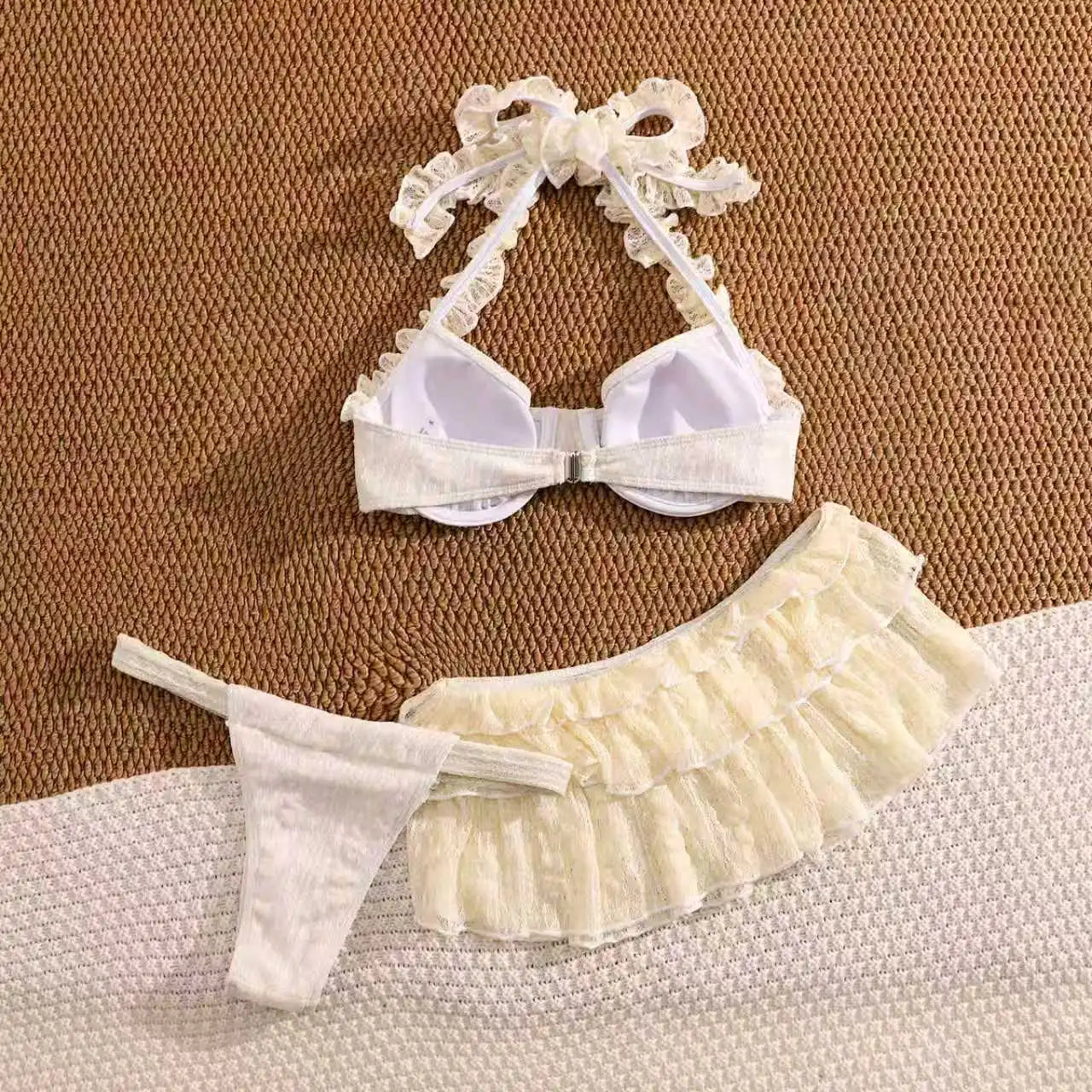 Vintage White Pleate Mesh Skirt 3 Piece Bikini Set