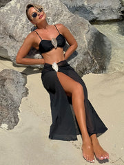Vintage White Swimsuit Metal Oyster Buckle Push Up Mesh Long Skirt 3 Piece Bikini Set