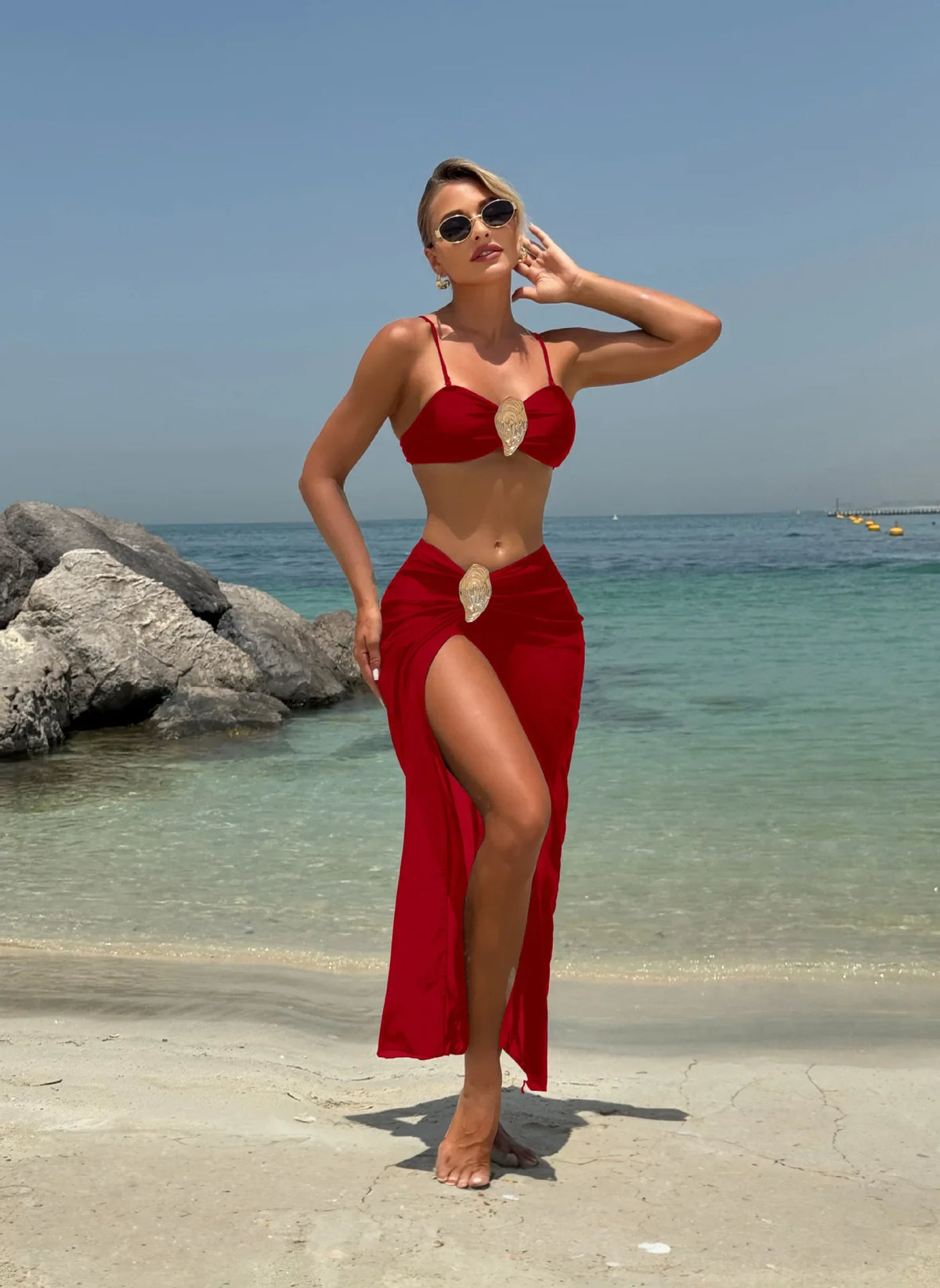 Vintage White Swimsuit Metal Oyster Buckle Push Up Mesh Long Skirt 3 Piece Bikini Set