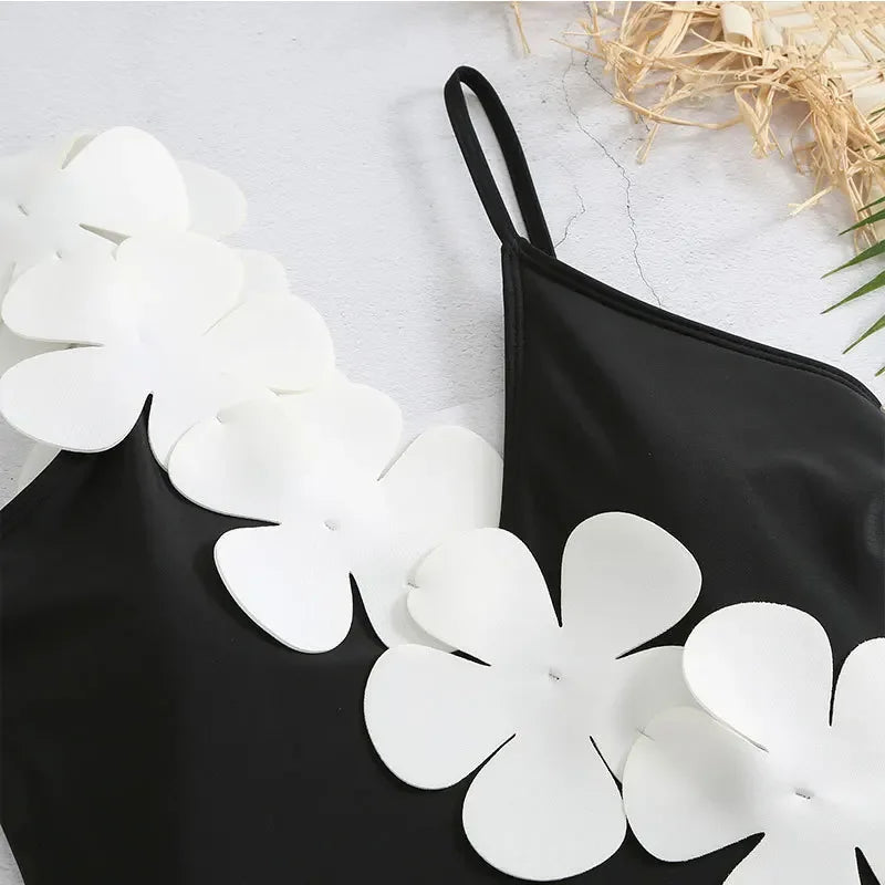White Flower Swimsuit High Waist Skirt Bikini Black 3 Piece Monokini Brazilian Conservative Bathing Suit Swimwear QJY