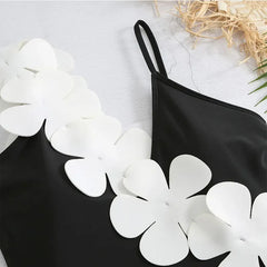 White Flower Swimsuit High Waist Skirt Bikini Black 3 Piece Monokini Brazilian Conservative Bathing Suit Swimwear QJY