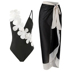 White Flower Swimsuit High Waist Skirt Bikini Black 3 Piece Monokini Brazilian Conservative Bathing Suit Swimwear QJY