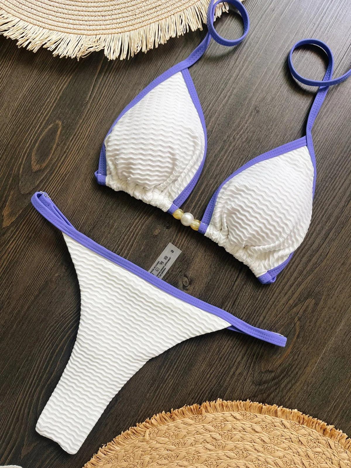 White Purple Patchwork Bikini Set