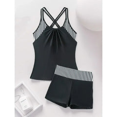 Conservative 2 Piece Swimsuit Black Stripe Print Patchwork Tankini Bikini Set