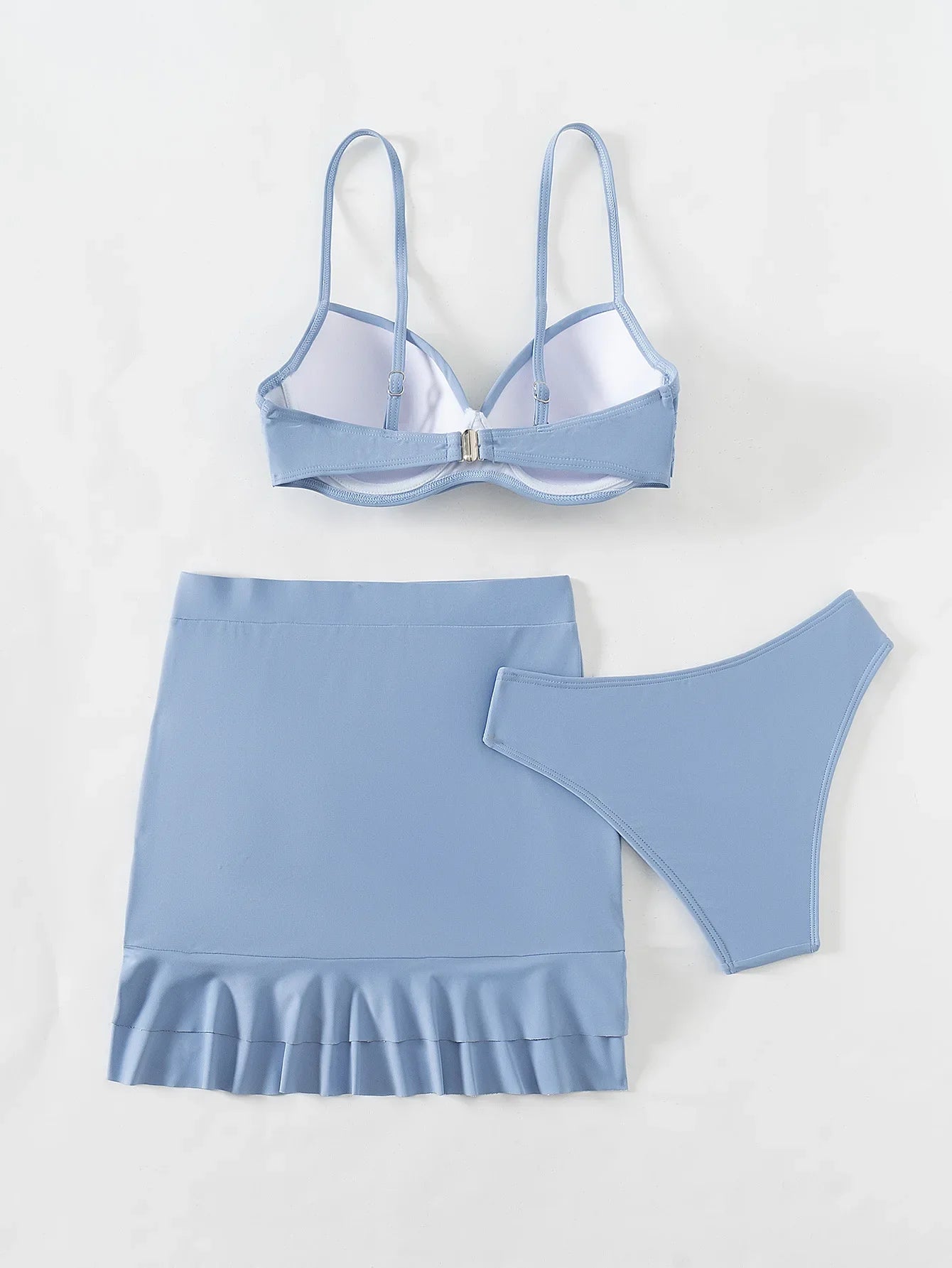 Sky Blue Three Piece Swimsuit Solid Color V-neck Underwire Bikini Set