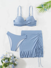 Sky Blue Three Piece Swimsuit Solid Color V-neck Underwire Bikini Set
