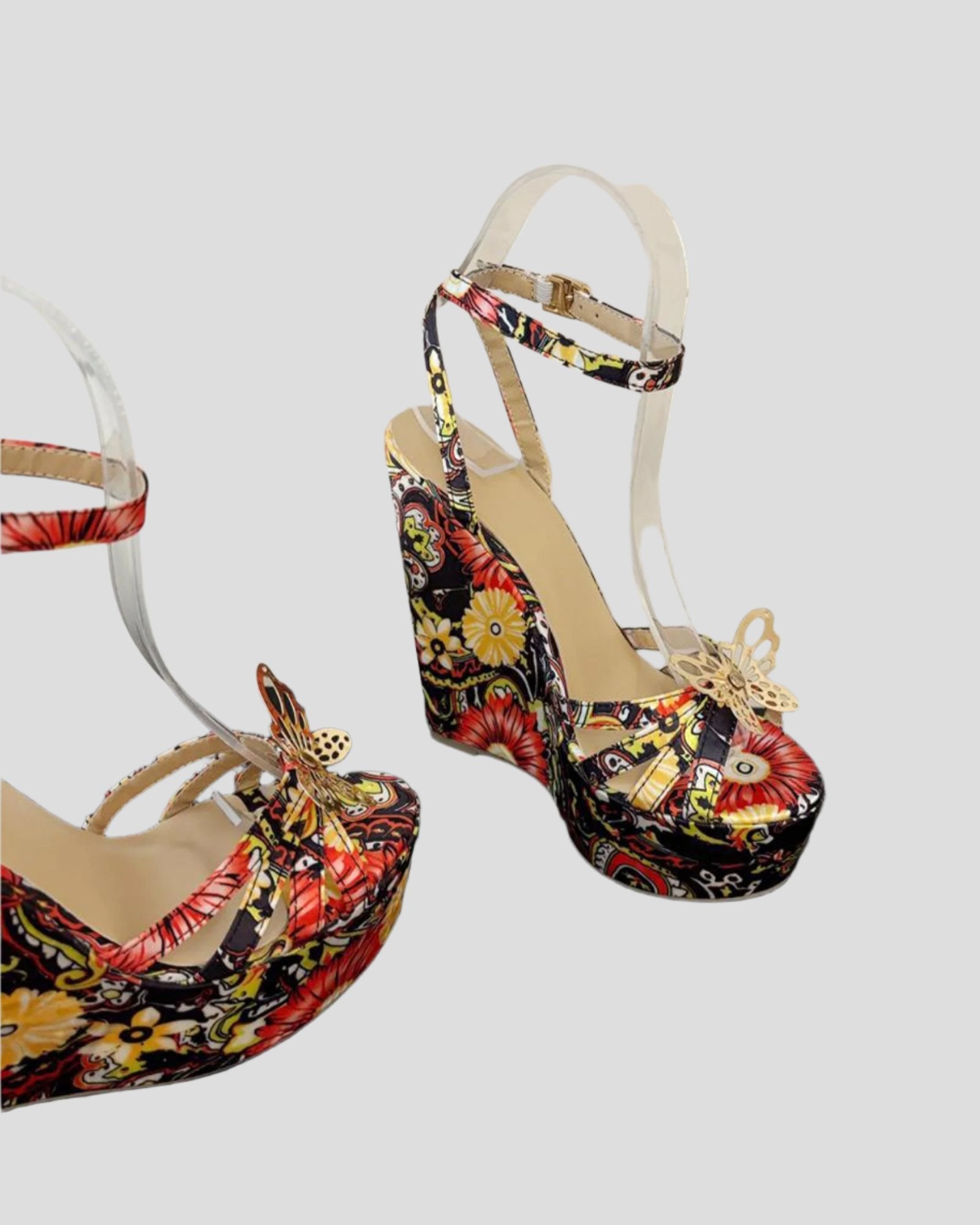 Xannon Metal Butterfly Floral Print Wedge Sandals