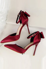 Burgundy Satin Stiletto Heel Closed Toe Pumps Wedding Party shoes with Bunkle