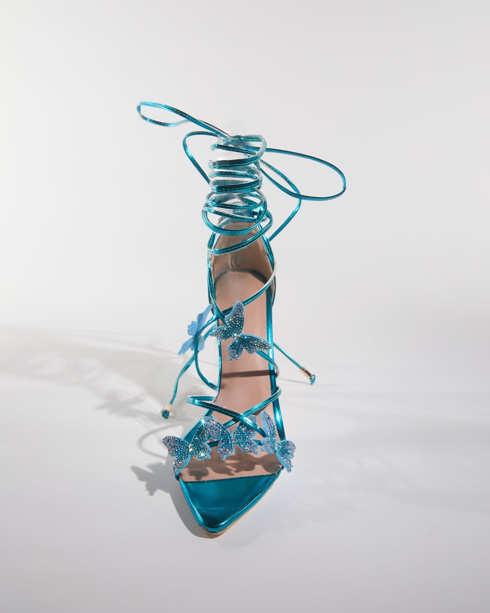 Zarita Crystal Butterfly Lace Up Sandals In Blue