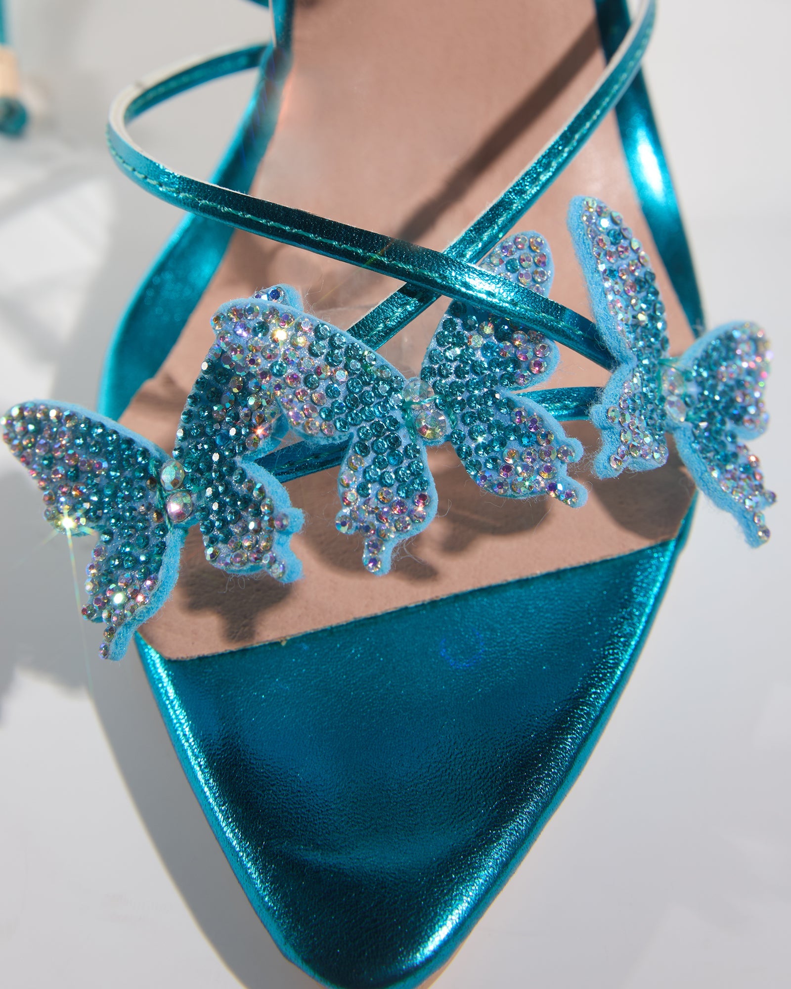 Zarita Crystal Butterfly Lace Up Sandals In Blue