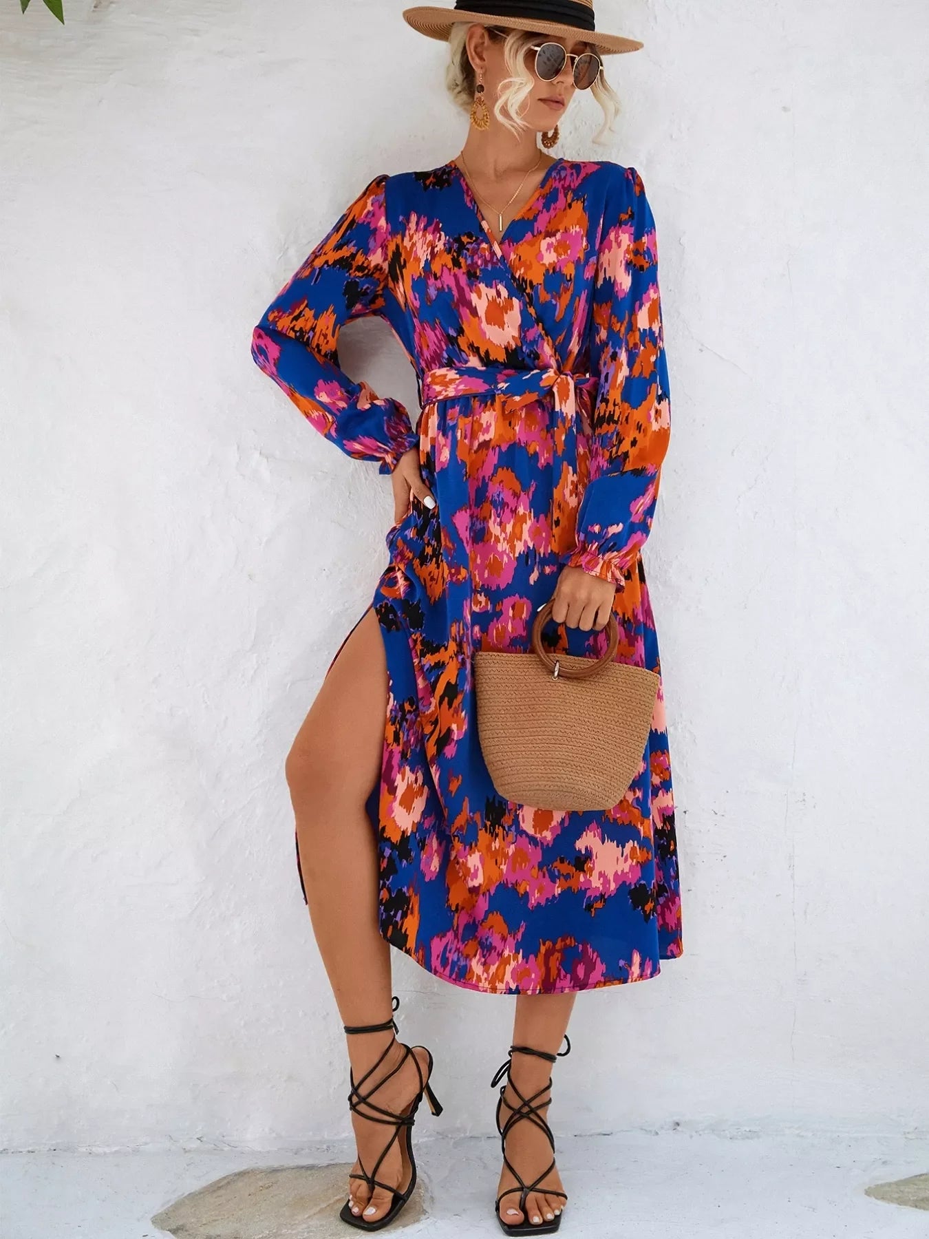 Printed Surplice Long Sleeve Midi Dress