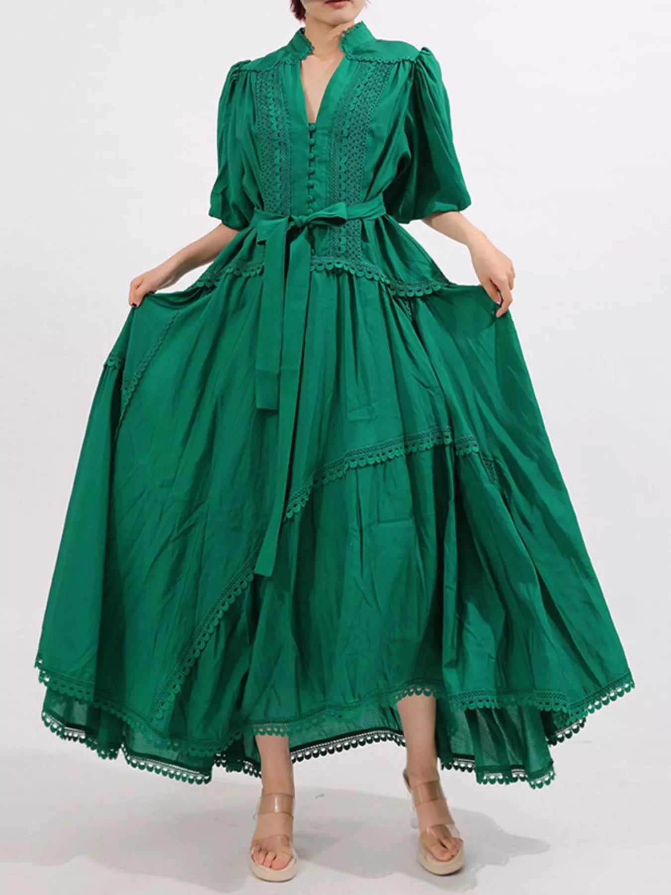 Lace Detail Notched Puff Sleeve Maxi Dress