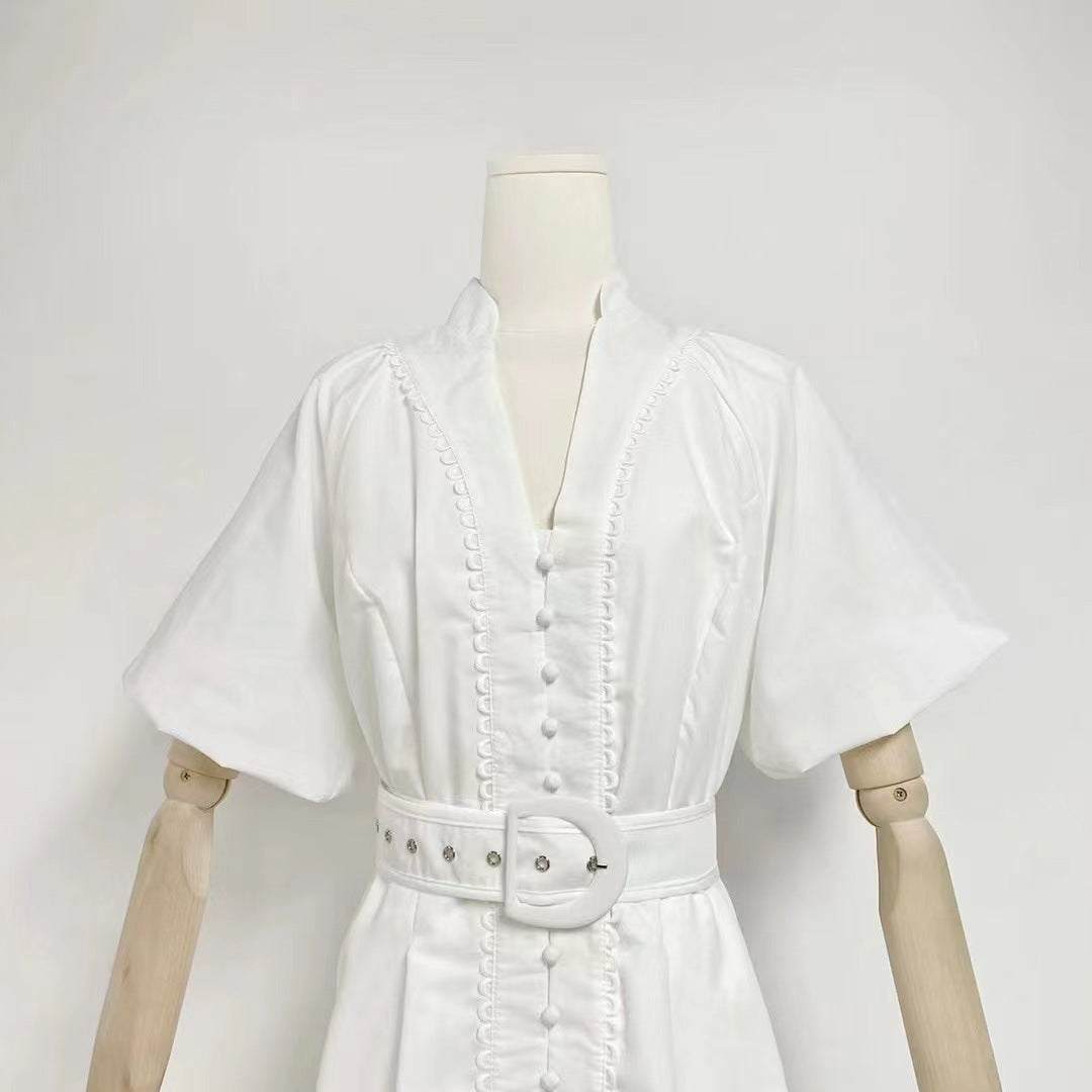 V-neck Puff Sleeve Belt Waist  Mini Dress