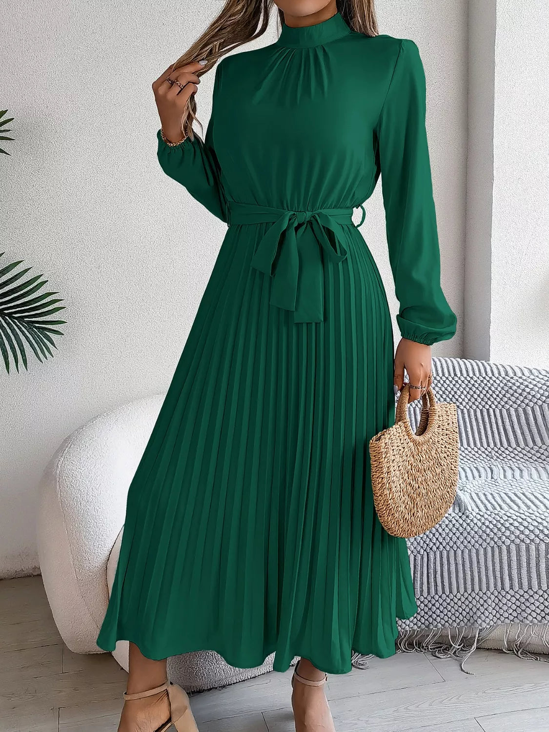 Mock Neck Pleated Midi Dress