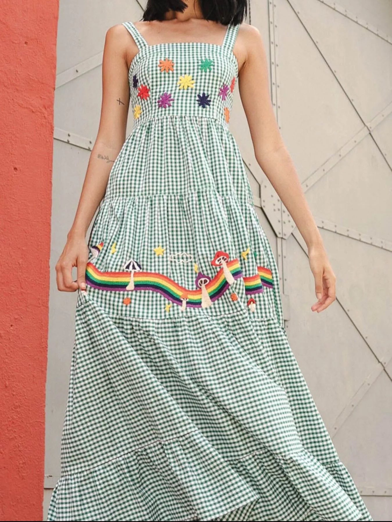 Embroidered Square Neck Tiered Maxi Cami Dress