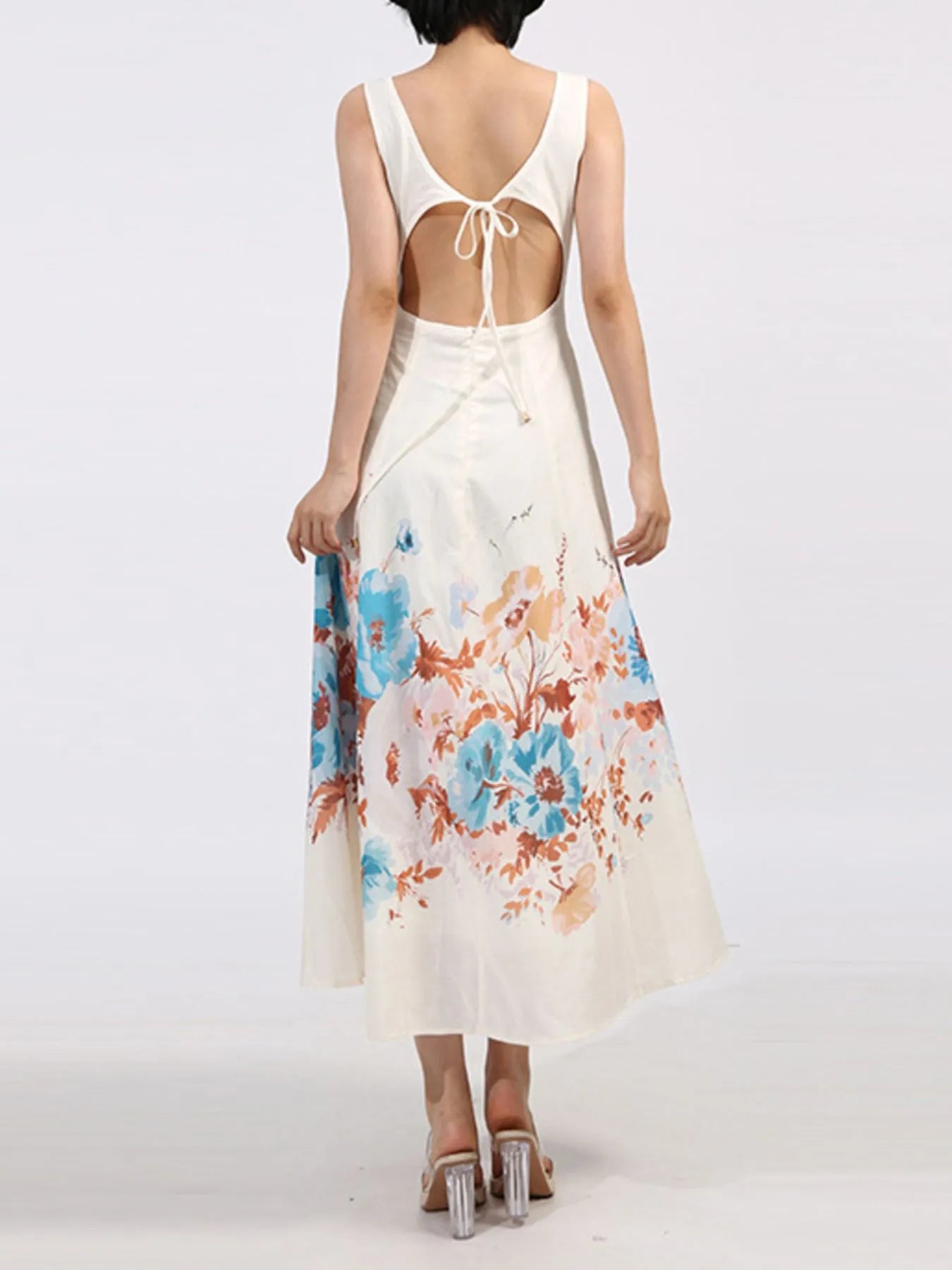 Cutout Back Printed Square Neck Dress