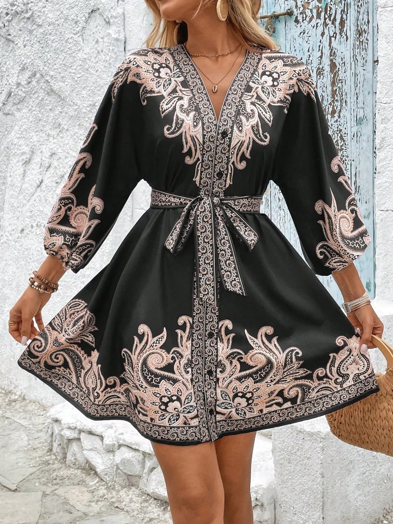 Printed V-Neck Balloon Sleeve Mini Dress