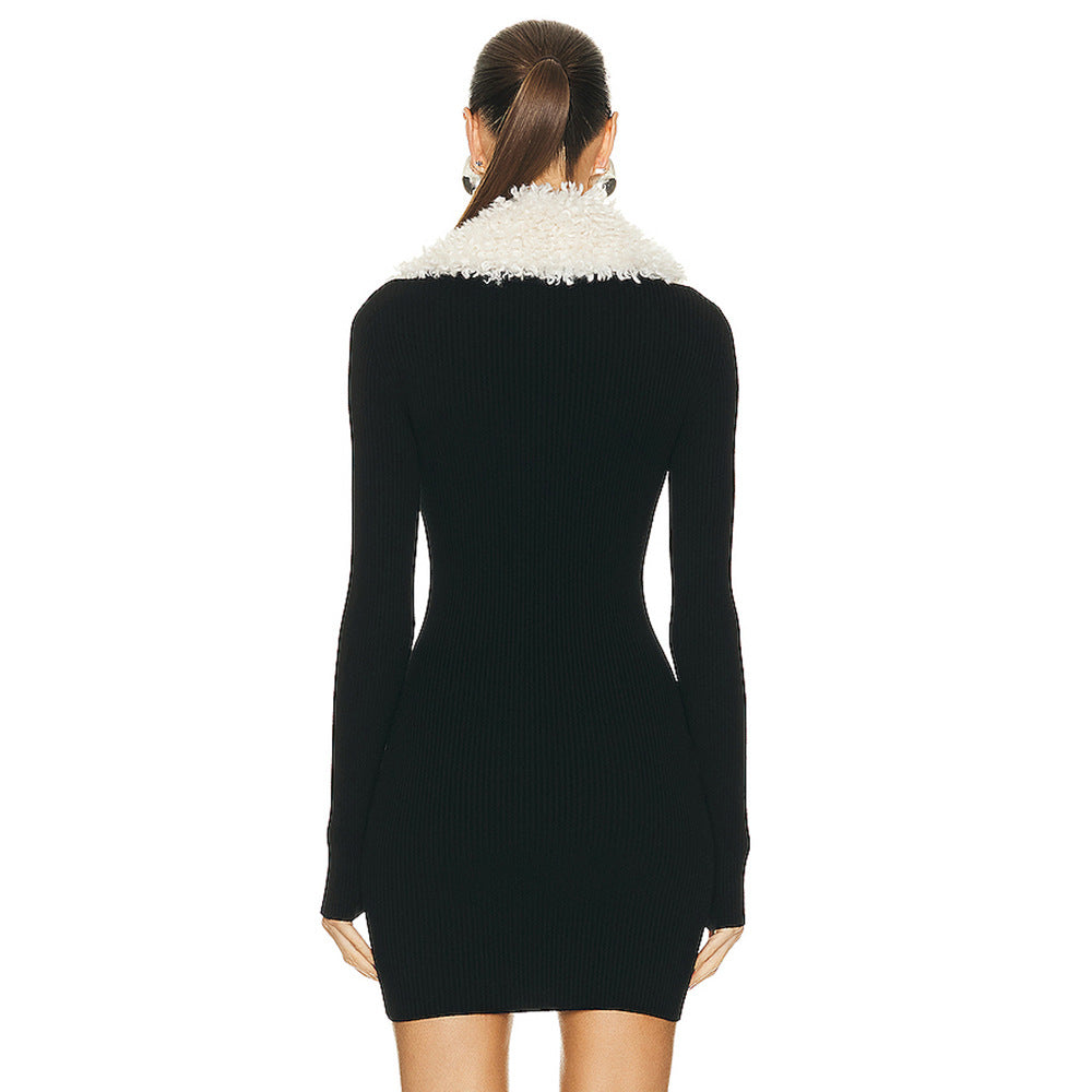 Slassa Fur Collar Zipper Black Dress