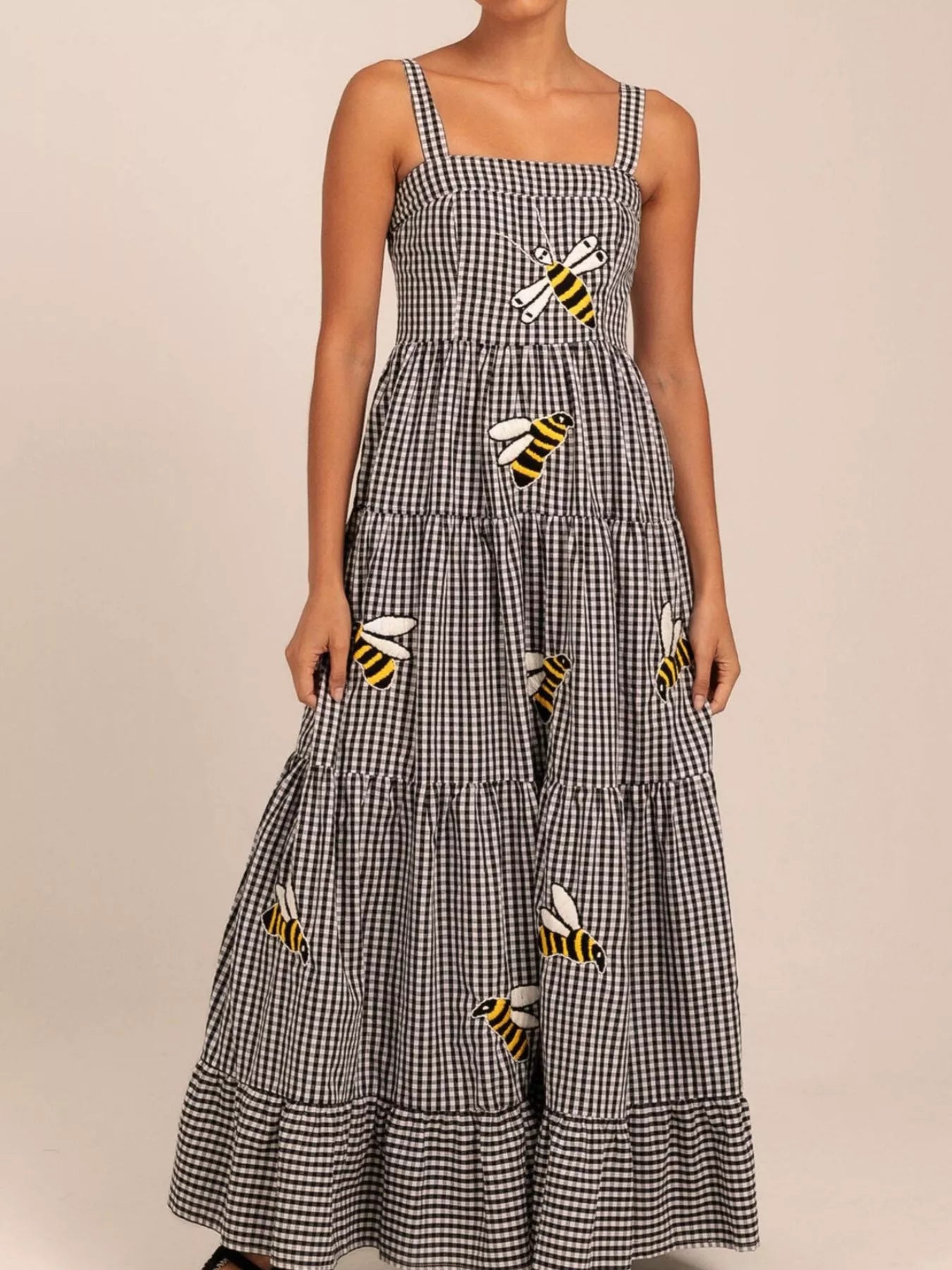 Embroidered Square Neck Tiered Maxi Cami Dress