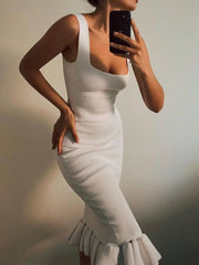 Ribbed Knit Bodycon Midi Dress with Ruffle Hem