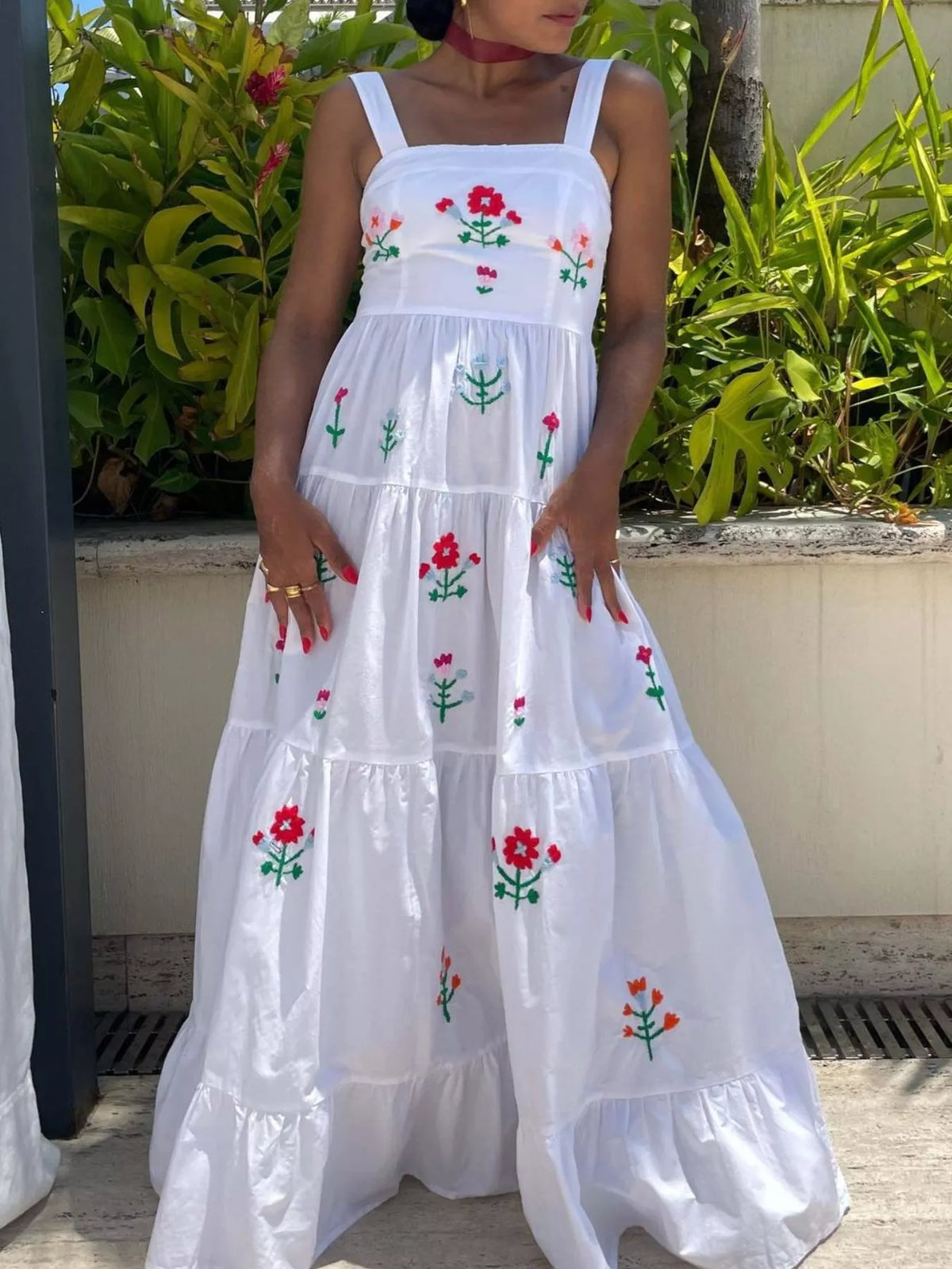 Embroidered Square Neck Tiered Maxi Cami Dress