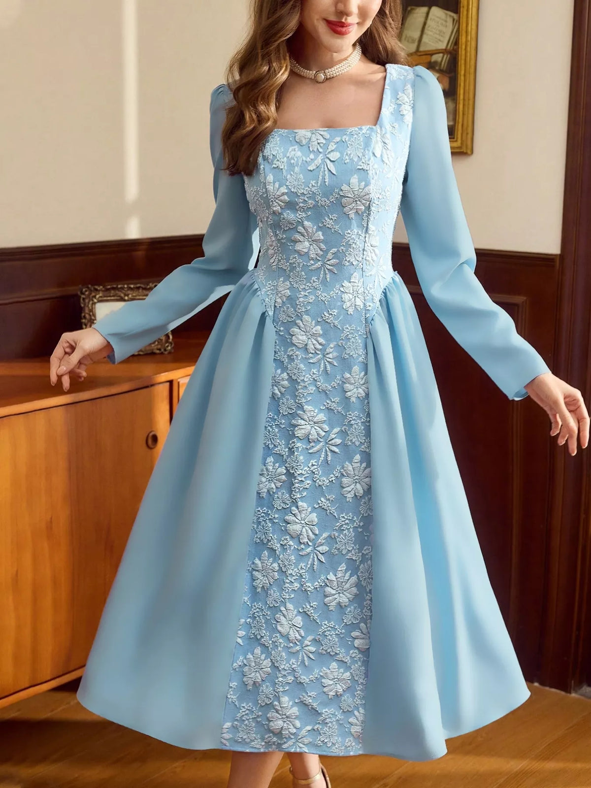 Floral Embroidered Long Sleeve A-Line Dress