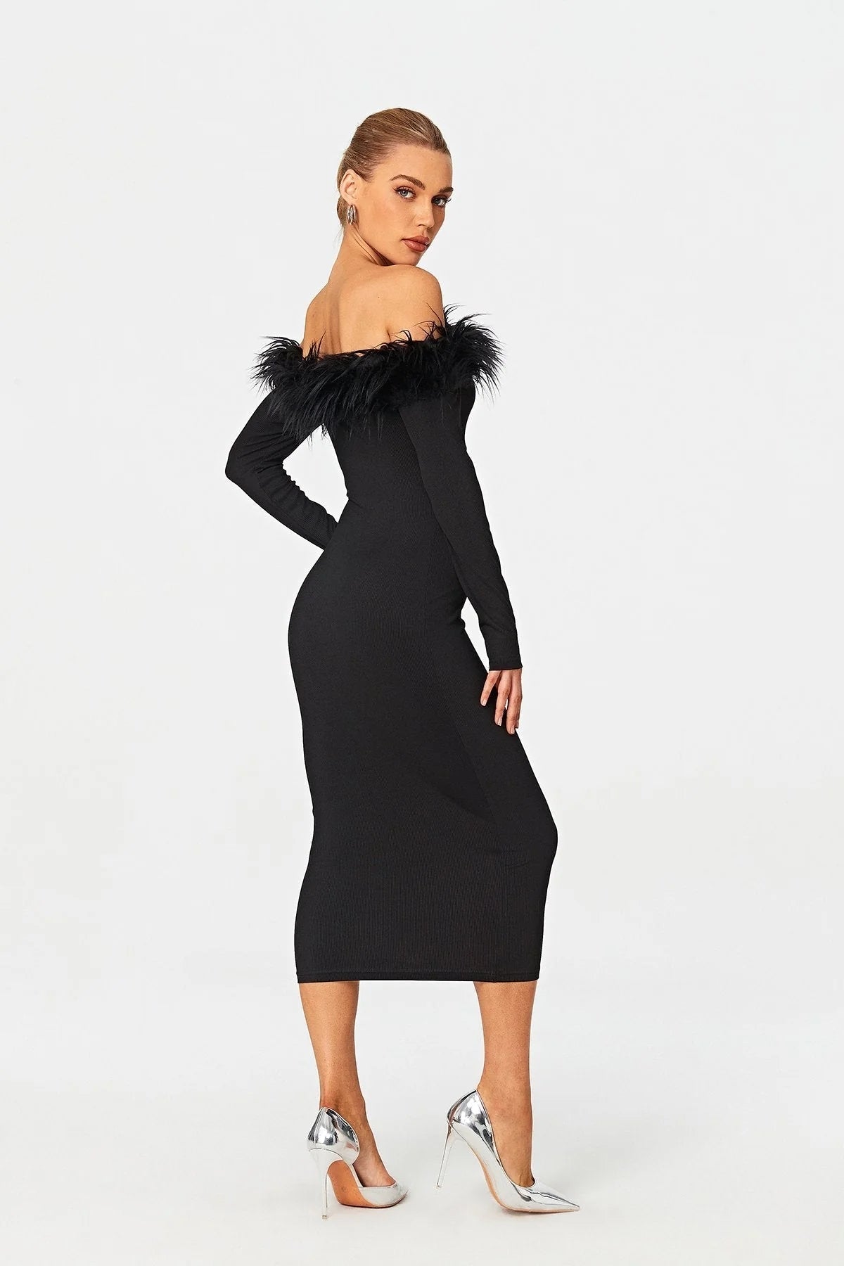 Chic Off-Shoulder Black Feather Midi Dress
