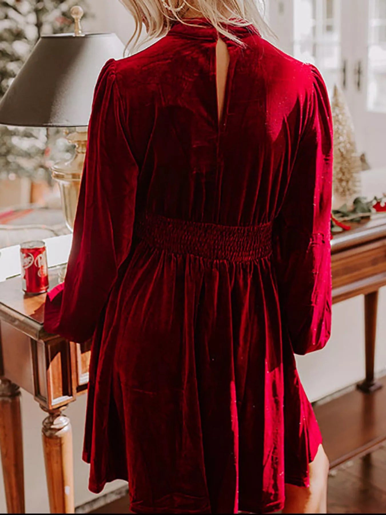 Velvet Mock Neck Balloon Sleeve Dress