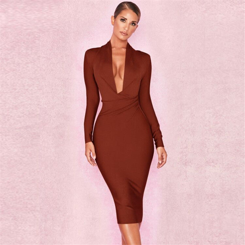 Full Sleeve Bandage party Dress-Brown