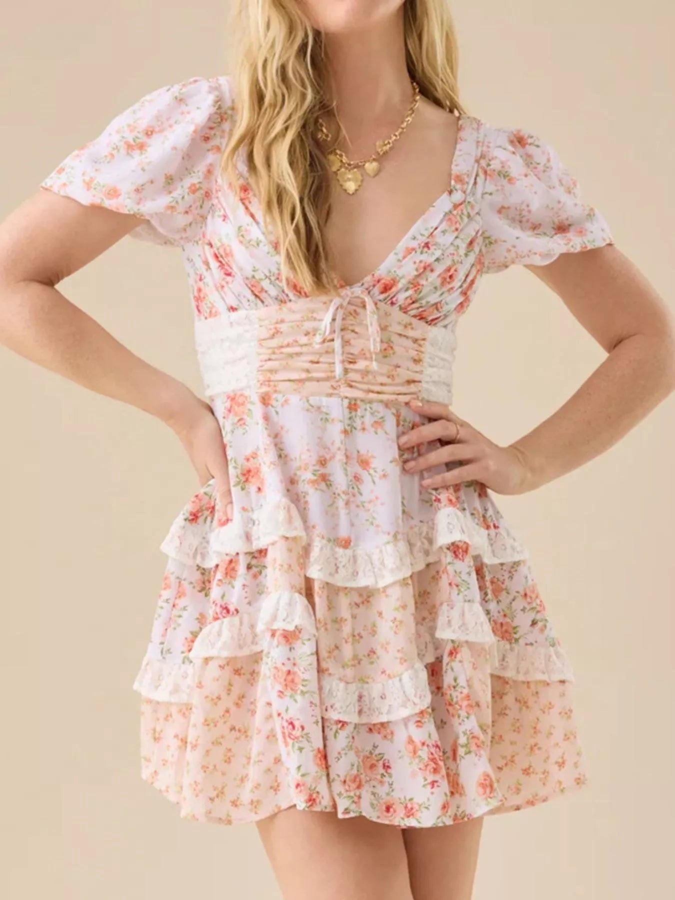 Floral Puff Sleeve Tiered Mini Dress