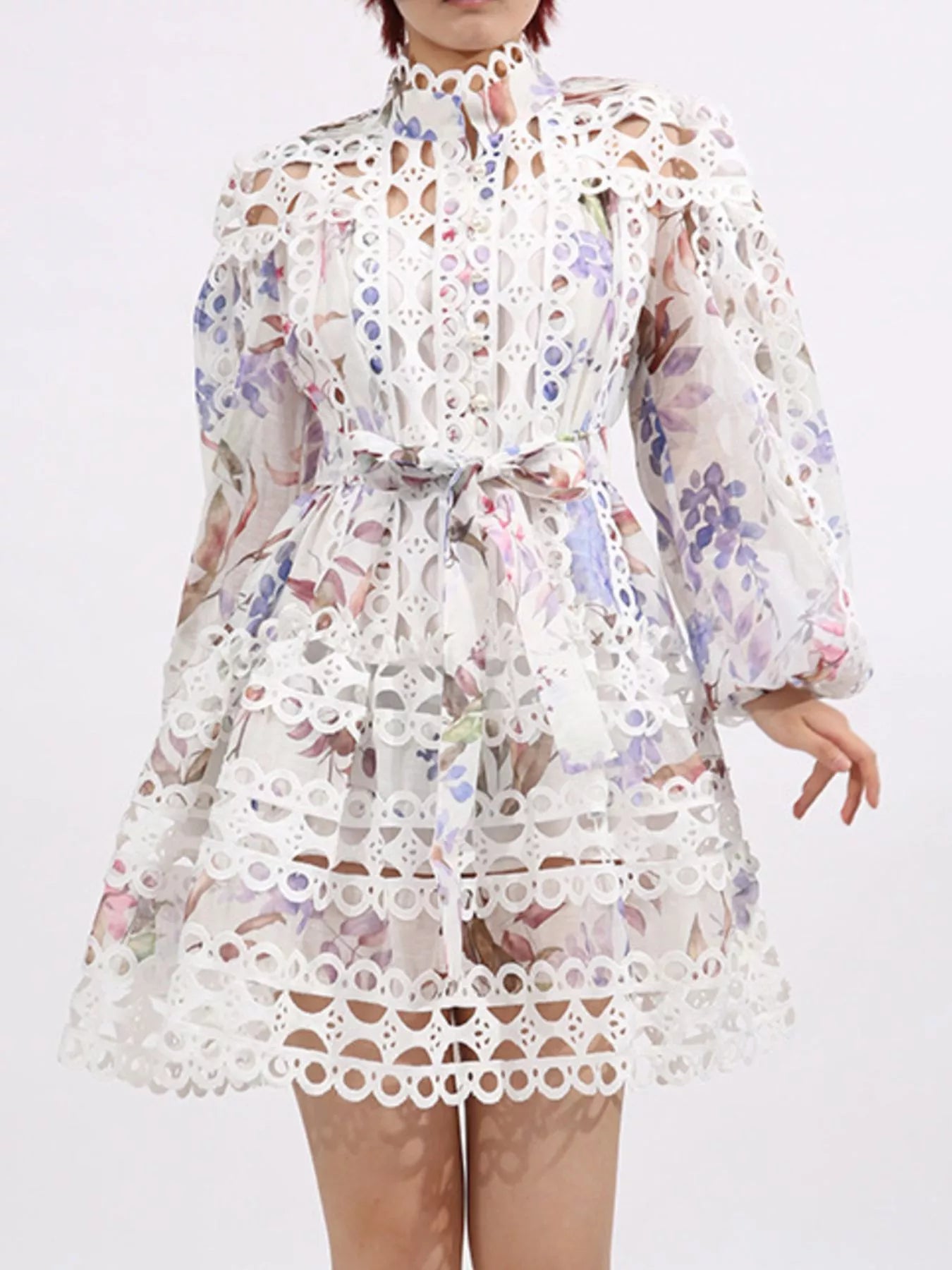 Lace Eyelet Mini Dress with Balloon Sleeves