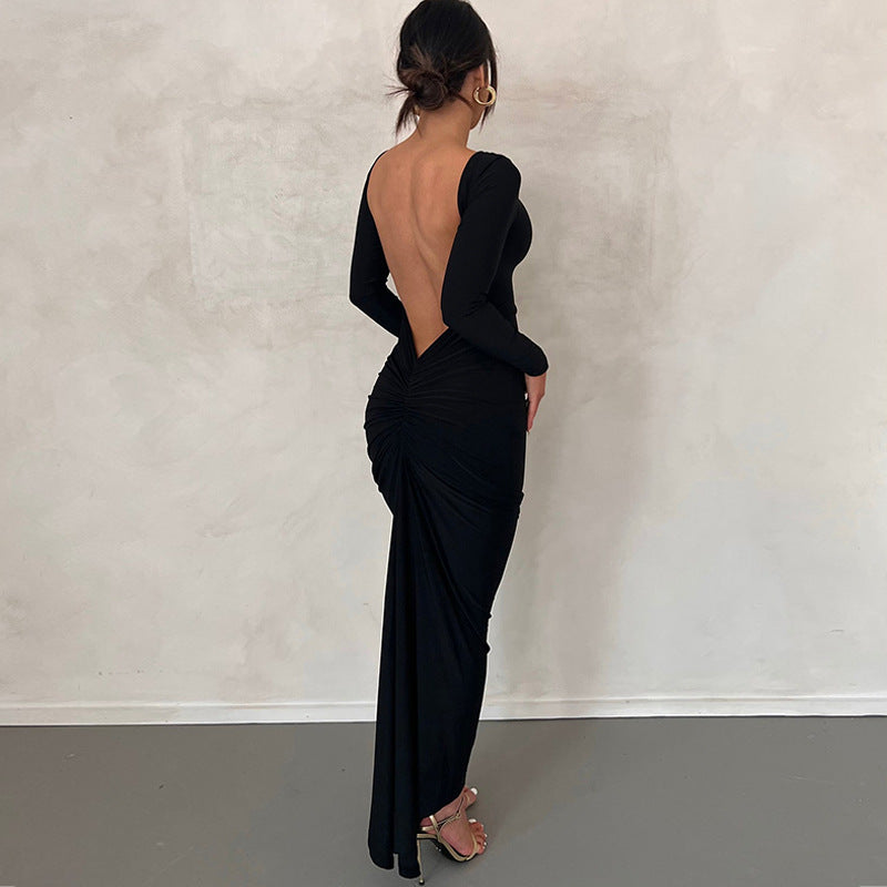 Backless Pleated Long Elegant Slim Dress