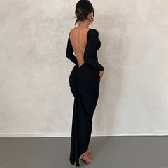 Backless Pleated Long Elegant Slim Dress