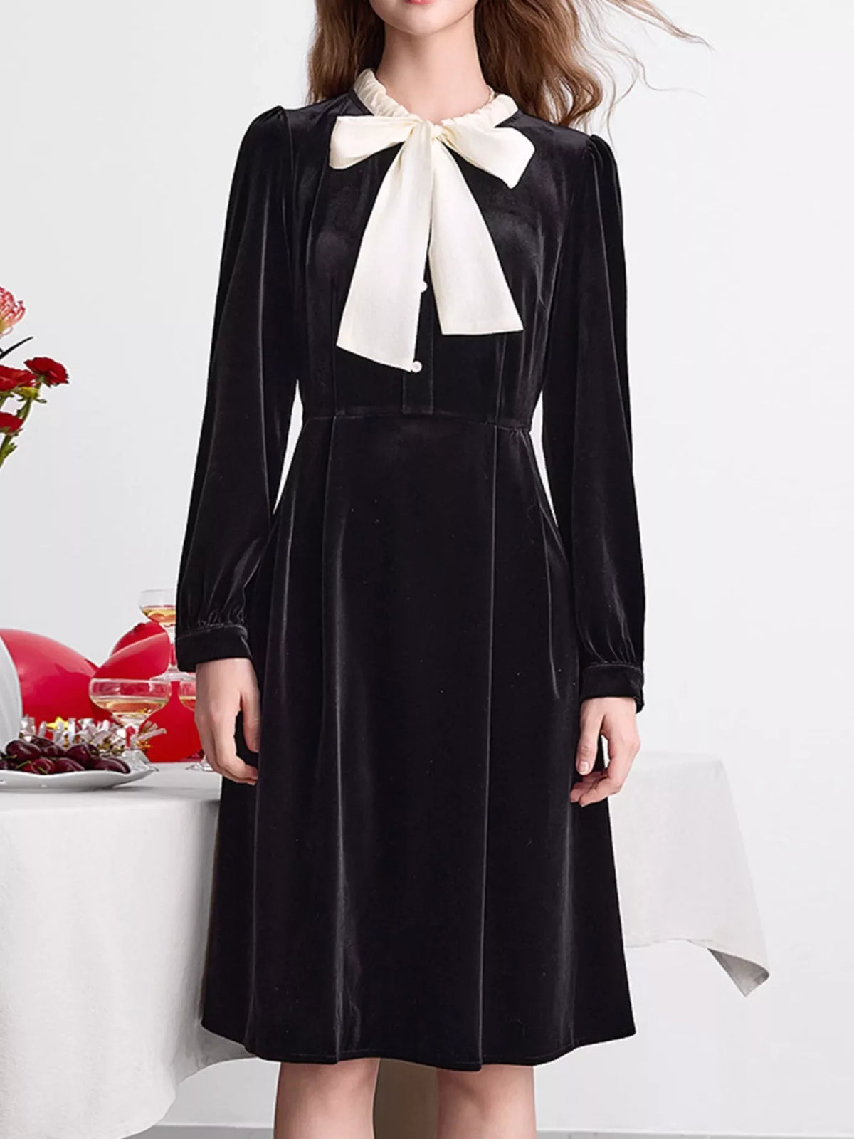 Velvet Bowknot Long Sleeve A-Line Dress