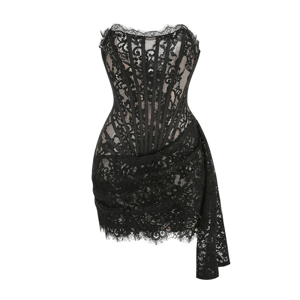 Alyia Lace Ruche Corset Celeb Dress-Black