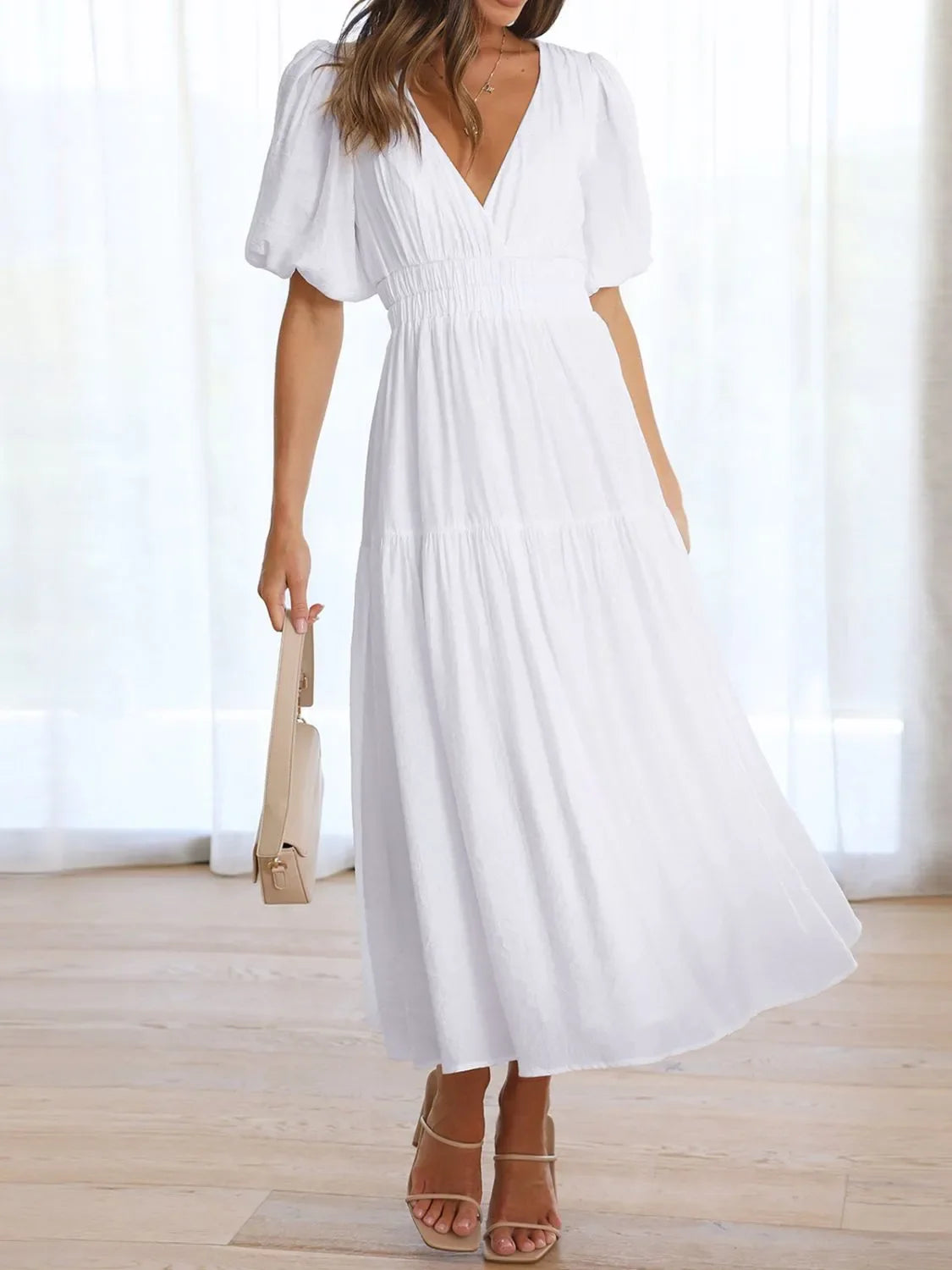 V-Neck Puff Sleeve Midi Dress