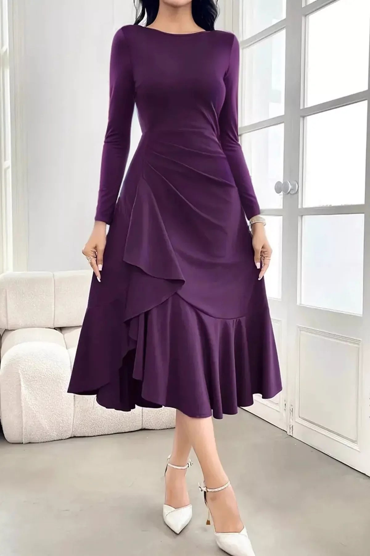 Long Sleeve Ruched Midi Dress with Asymmetrical Ruffle Hem