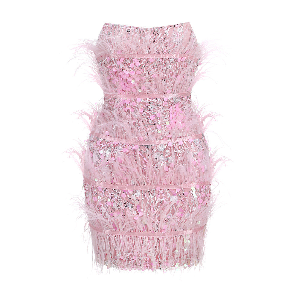Reinna Strapless Sequin Feather Birthday Party Dress