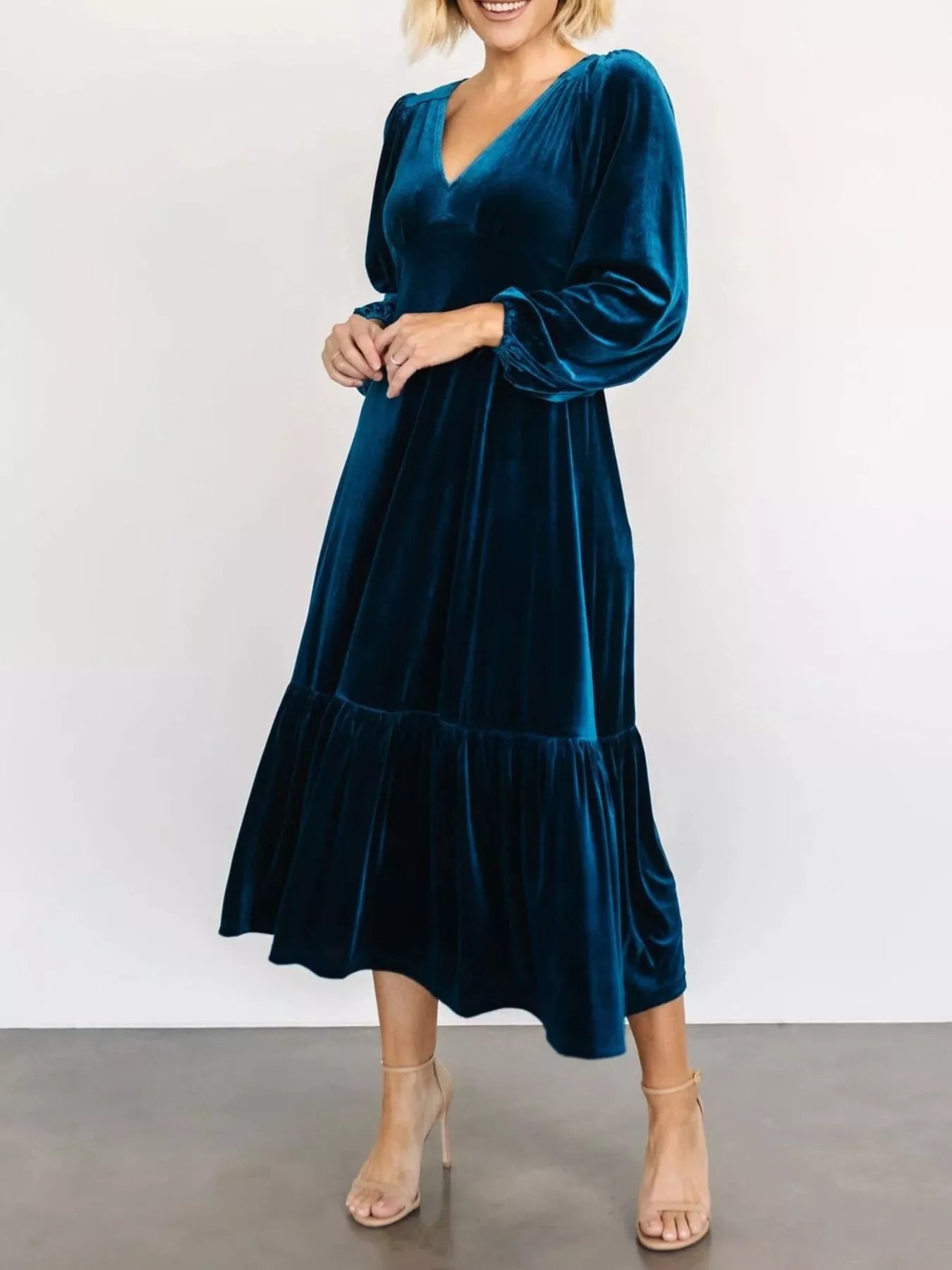 Velvet Tiered Long Sleeve Midi Dress