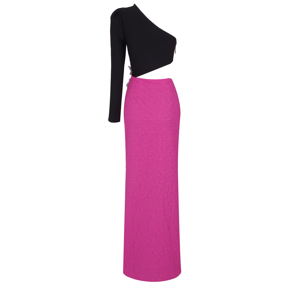 Aronia Beaded Flower One-shoulder Celeb Dress