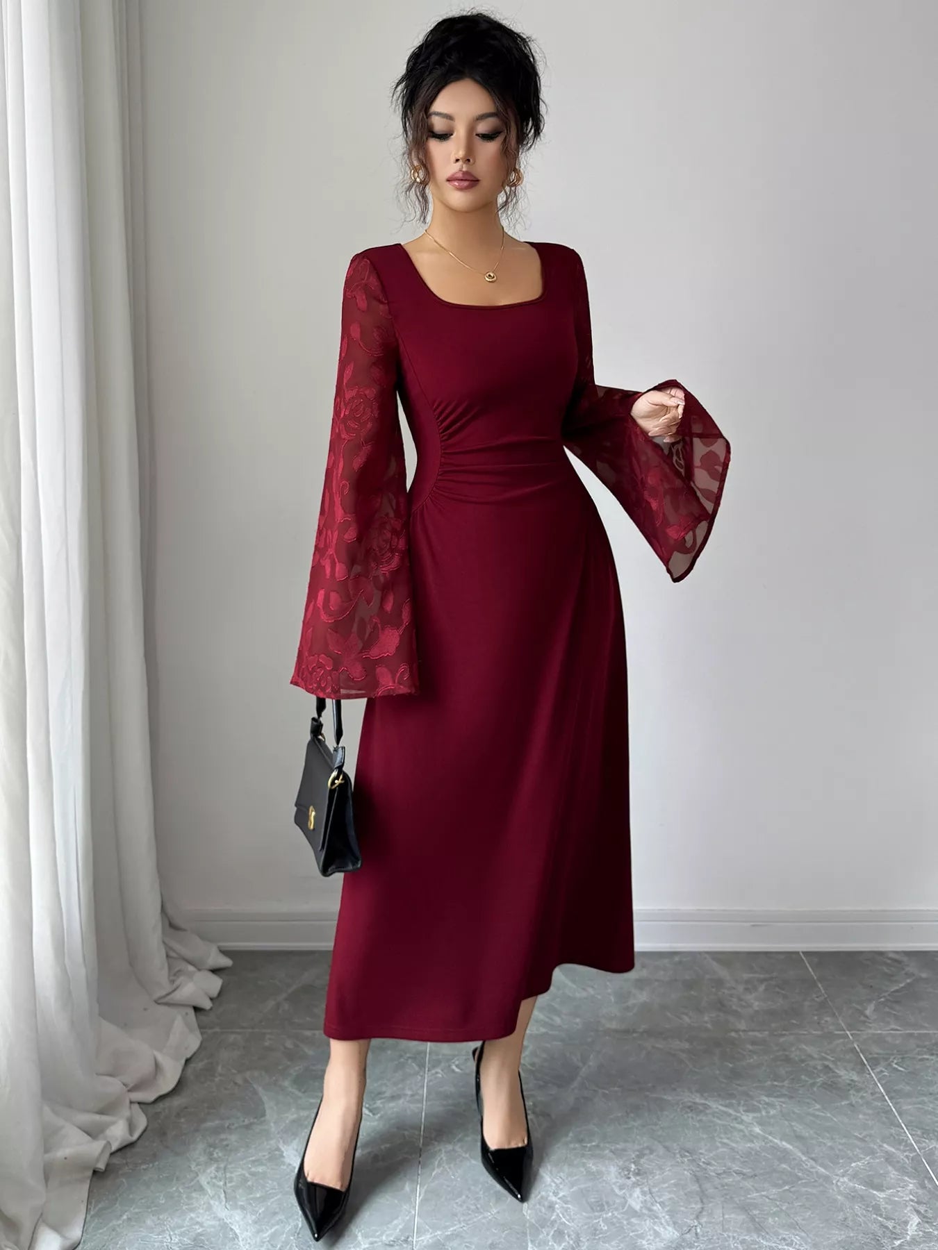 Square Neck Flare Sleeve Midi Dress