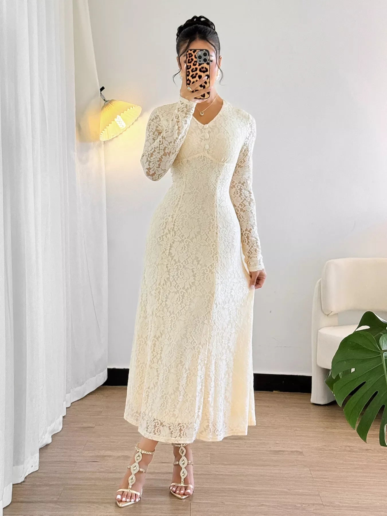 Lace V-Neck Long Sleeve Dress