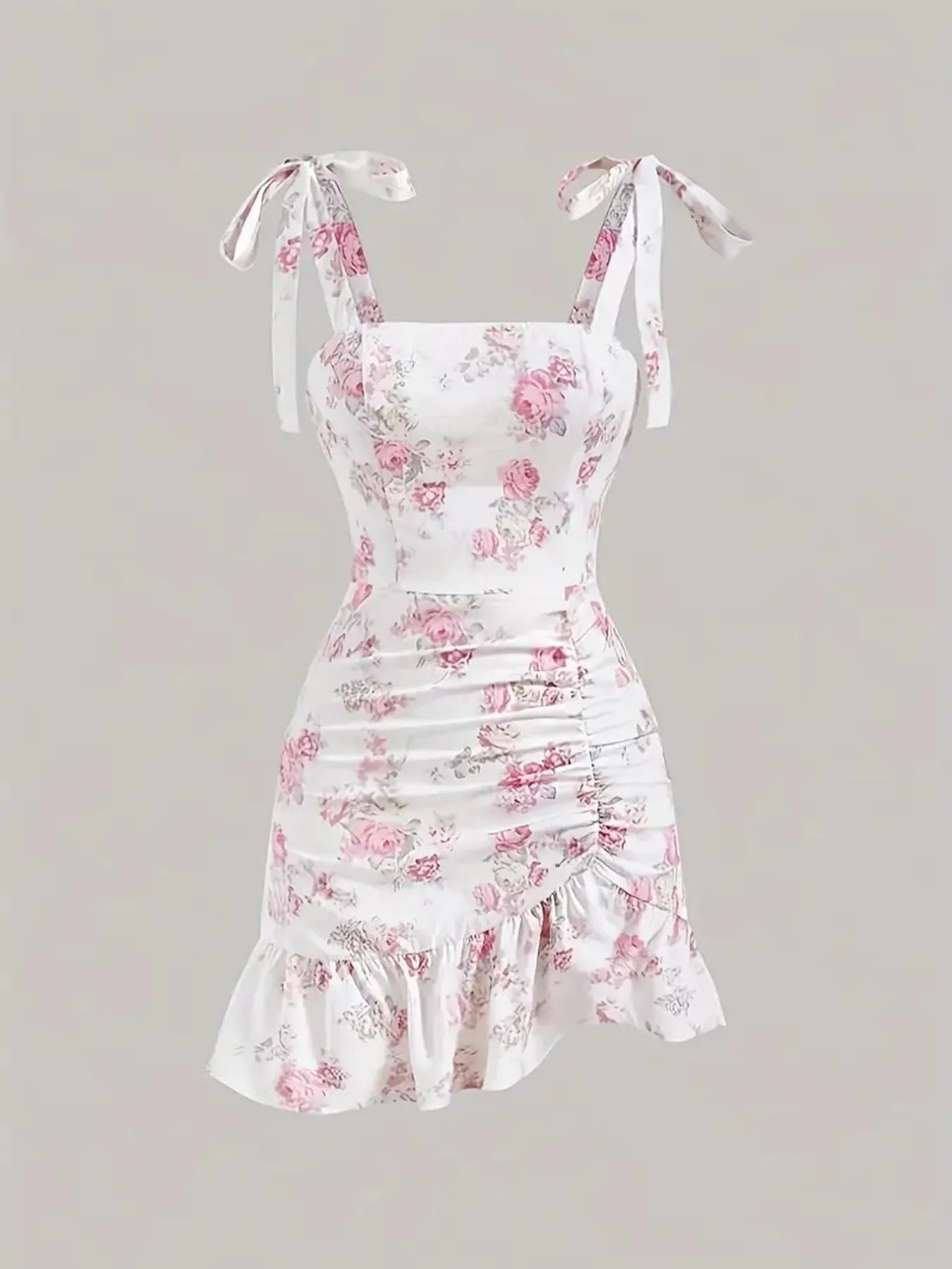 Ruffled Hem Floral Tie-Strap Mini Dress
