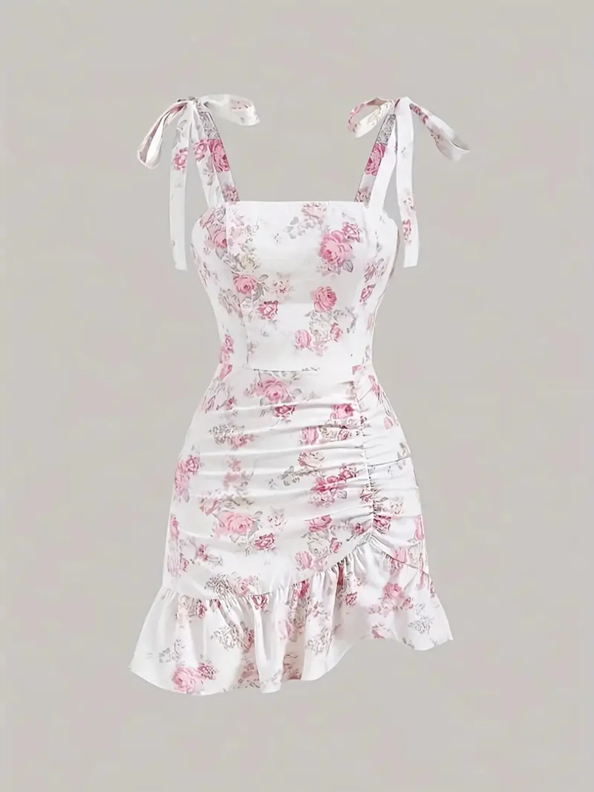 Ruffled Hem Floral Tie-Strap Mini Dress